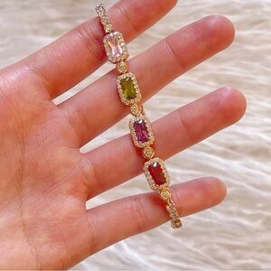 14k Gold Plated Emerald-Cut Pastel Multicolor Gemstone Tennis Bracelet